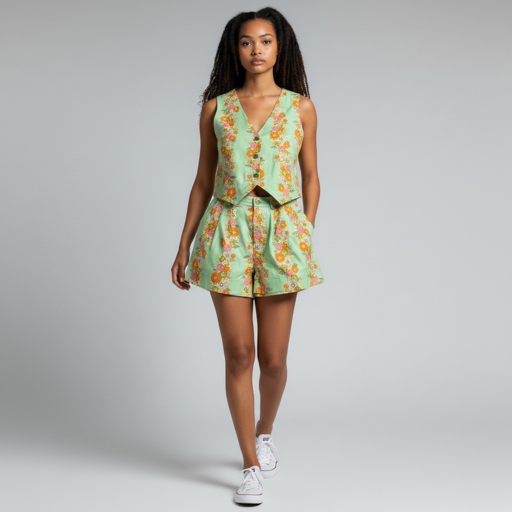 Mainstrip Green Floral Vest & Shorts Set —2-Piece Matching NWT Medium B17